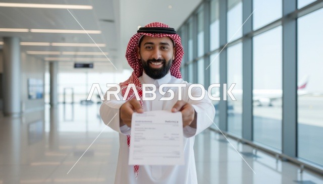 رجل سعودي يحمل تذكرة سفر في صالة المطار