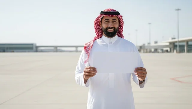 Saudi Man Holding Blank Sign at Airport Tarmac