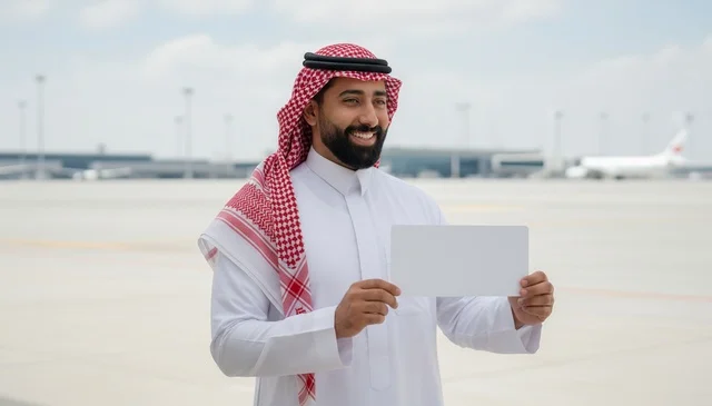 رجل سعودي في المطار يمسك لوحة بيضاء فارغة