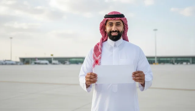 Saudi Man Holding Blank Sign at Airport Tarmac