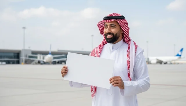 Saudi Man at Airport Holding Blank White Sign