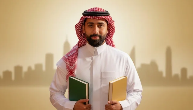 Saudi Man in Traditional Dress Holding Books