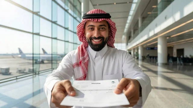 رجل سعودي يرتدي الزي التقليدي في صالة المطار الحديثة