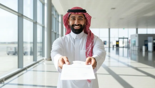 رجل سعودي يسلم وثيقة في صالة المطار