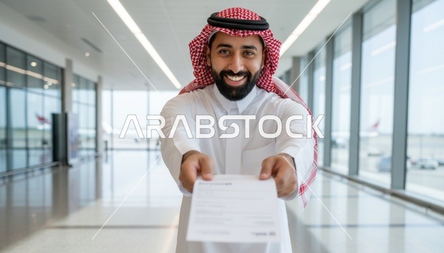 رجل سعودي يحمل وثيقة في صالة مطار حديثة