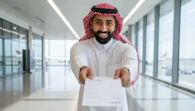 Saudi Man Holding Document in Modern Airport Terminal