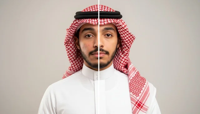 بورتريه شاب سعودي بالزي التقليدي والشماغ مقسوم الوجه