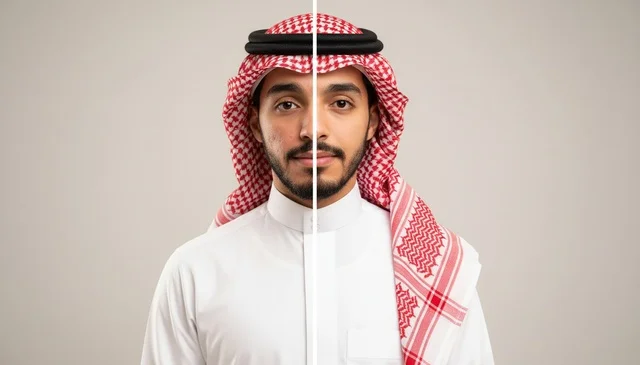 Saudi Man in Traditional Thobe and Shemagh Split Portrait