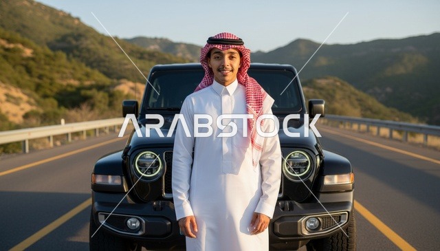 شاب سعودي بالزي التقليدي أمام سيارة دفع رباعي بالغروب