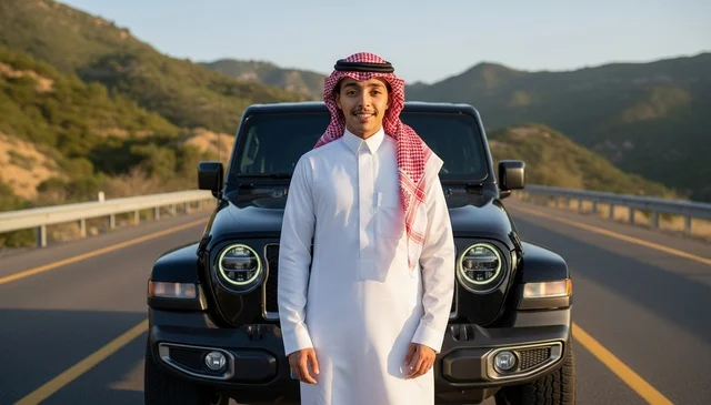شاب سعودي بالزي التقليدي أمام سيارة دفع رباعي بالغروب