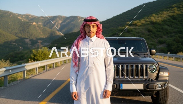 شاب سعودي مع سيارة دفع رباعي على طريق جبلي وقت الغروب