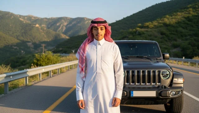 Saudi Man Standing with SUV on Mountain Road at Sunset