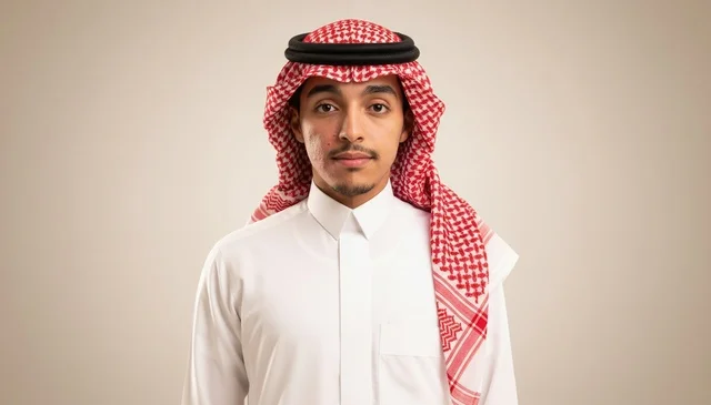 بورتريه شاب سعودي بالزي التقليدي في استوديو احترافي