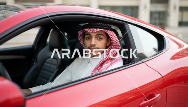 شاب سعودي في سيارة رياضية فاخرة حمراء