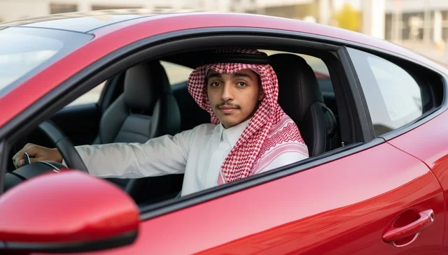 شاب سعودي داخل سيارة رياضية حمراء فاخرة