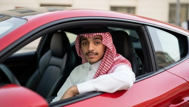 Saudi Man in Traditional Dress with Red Sports Car