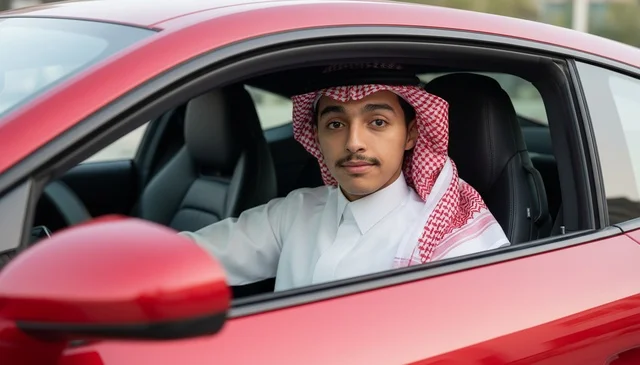 شاب سعودي بالزي التقليدي يقود سيارة حمراء
