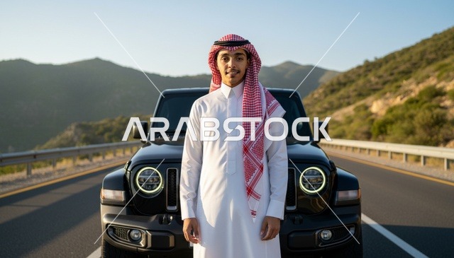 رجل سعودي مع سيارة دفع رباعي سوداء في الجبل