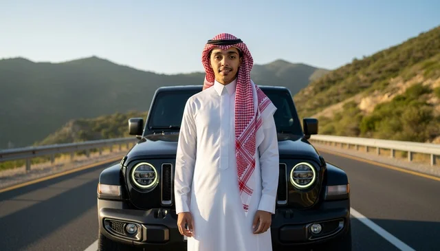 رجل سعودي مع سيارة دفع رباعي سوداء في الجبل