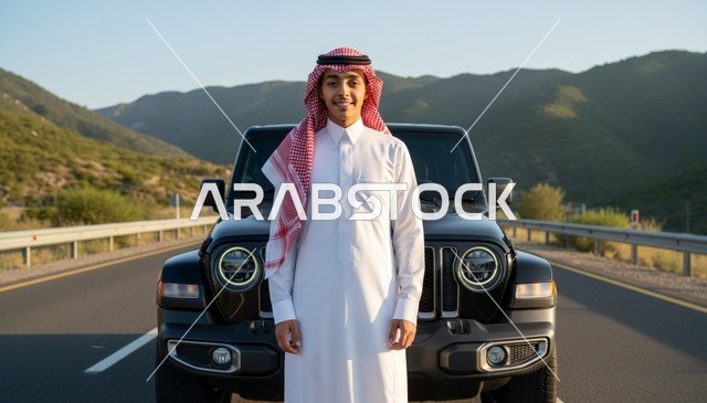 شاب سعودي مع سيارة دفع رباعي سوداء على طريق جبلي