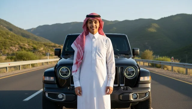 شاب سعودي مع سيارة دفع رباعي سوداء على طريق جبلي