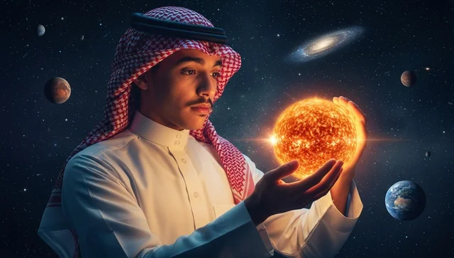 Saudi Man Holding Glowing Sun in Outer Space Concept