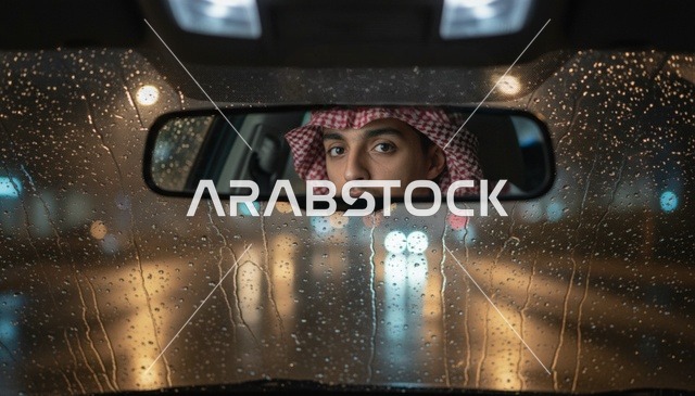 رجل سعودي في مرآة السيارة في ليلة ممطرة