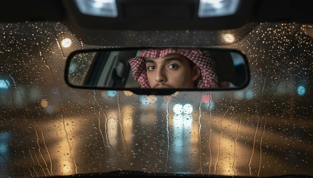 Saudi Man in Rearview Mirror on Rainy Night