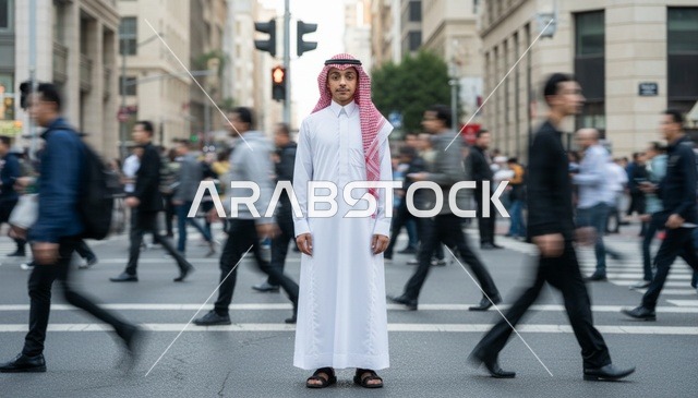شاب سعودي بالزي التقليدي في شارع مدينة مزدحم