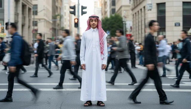 Saudi Man in Traditional Thobe in Busy City Street