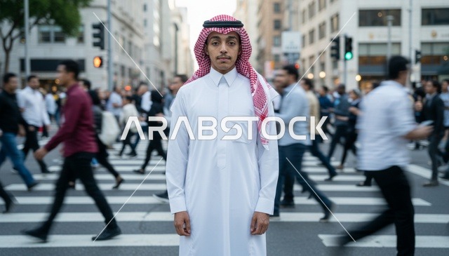 رجل سعودي بالثوب التقليدي في ممر مشاة حضري