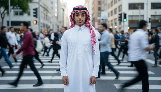 Saudi Man in Traditional Thobe at City Crosswalk