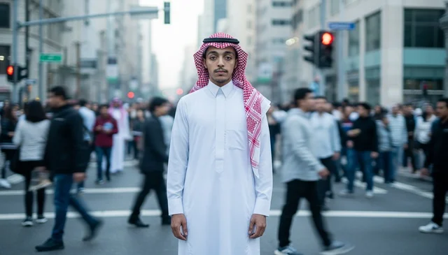 Saudi Man in Traditional Thobe on Busy City Street