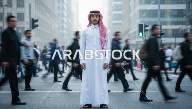 رجل سعودي بالثوب التقليدي وسط زحام المدينة