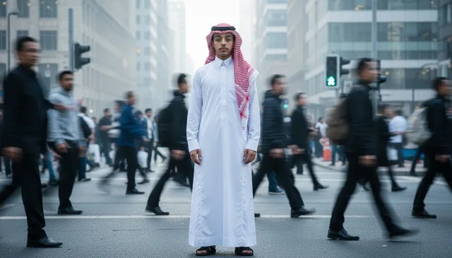 Saudi Man in Traditional Thobe in Busy City Crosswalk