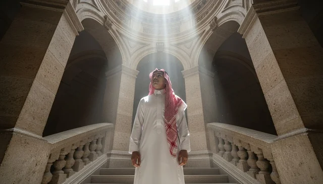 رجل سعودي بالزي التقليدي تحت أشعة ضوء القبة