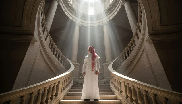 Saudi Man in Traditional Thobe on Grand Staircase with Sunbeams