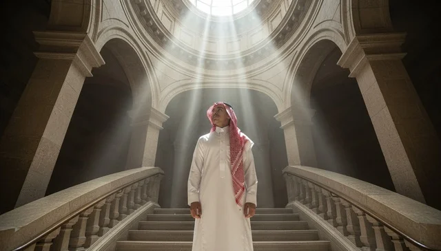 رجل سعودي بالزي التقليدي تحت قبة معمارية وإضاءة الشمس