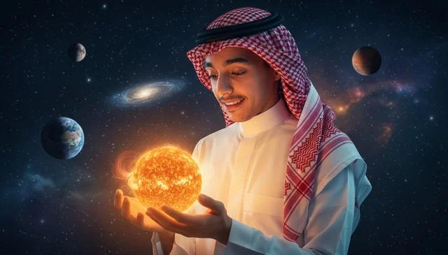 Saudi Man Holding Glowing Sun in Outer Space