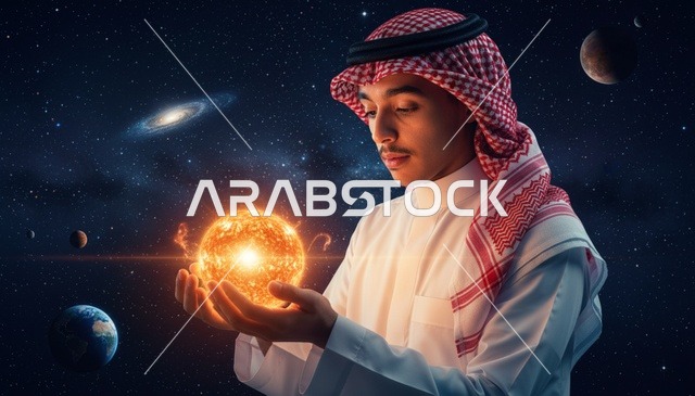 شاب سعودي يحمل شمساً متوهجة في الفضاء الخارجي