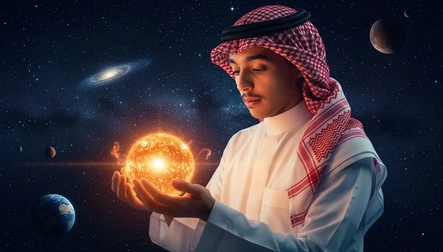 شاب سعودي يحمل شمساً متوهجة في الفضاء الخارجي