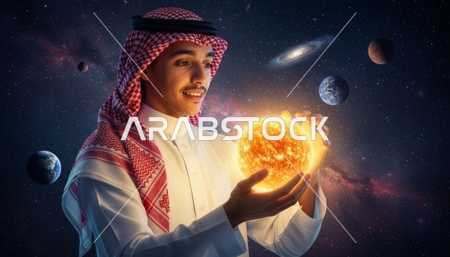 رجل سعودي يمسك شمس مضيئة في خلفية فضائية