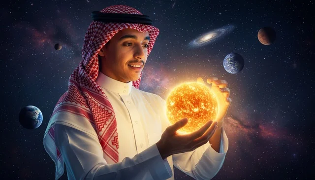 رجل سعودي يمسك شمس مضيئة في خلفية فضائية