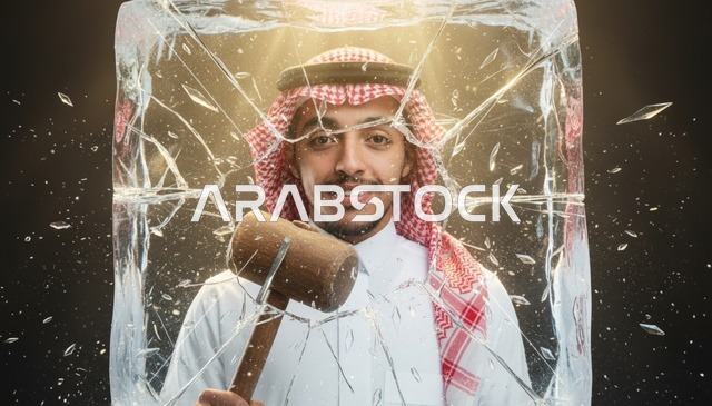 Saudi Man Breaking Ice with Wooden Mallet