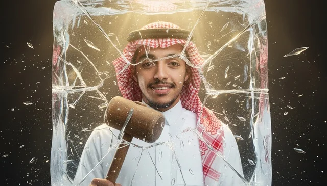 Saudi Man Breaking Ice with Wooden Mallet
