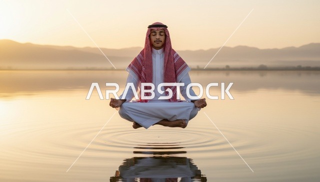رجل سعودي يتأمل طافياً فوق بحيرة وقت الغروب
