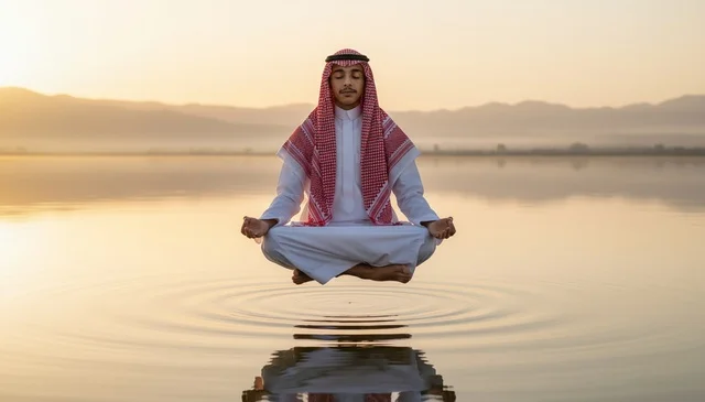 رجل سعودي يتأمل طافياً فوق بحيرة وقت الغروب