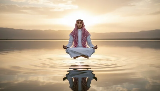 Saudi Man in Traditional Dress Levitating Over Water