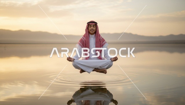 رجل سعودي يتأمل ويطفو فوق الماء في وقت الغروب