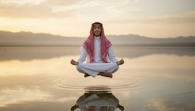 رجل سعودي يتأمل ويطفو فوق الماء في وقت الغروب